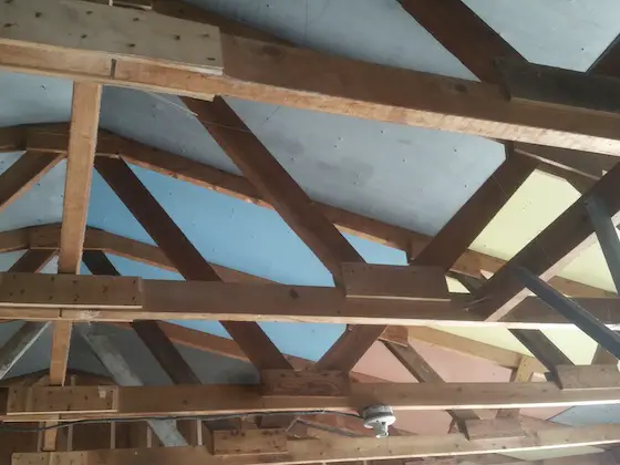 This is the underside of Nadine's roof. Those look like homemade trusses with the wood splice plates. Very cool! Photo credit: Nadine