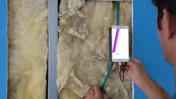 This is a very similar situation with the same insulation in my wall. You can see how the WalabotDIY can produce an image on the smartphone screen. CLICK HERE to get more information about WalabotDIY. Image credit: WalabotDIY