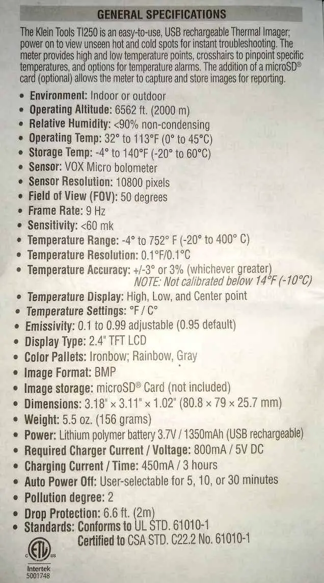 klein ti 250 specifications