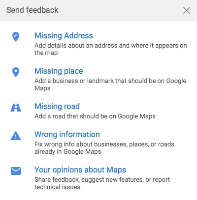 Google Maps Feedback Choices