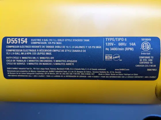 DeWALT D55154 Air Compressor label