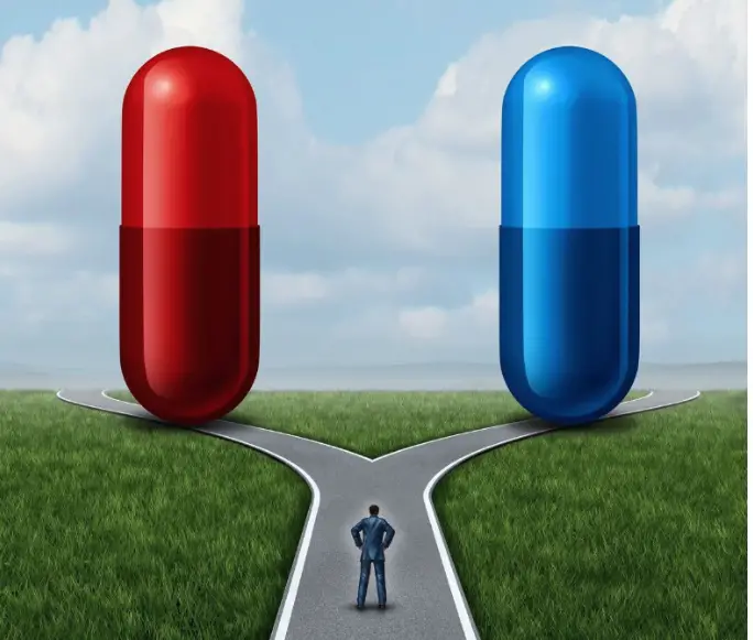 red and blue pill decision graphic