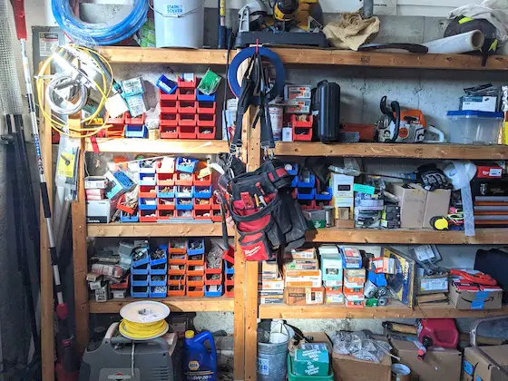 hardware bins on garage shelves