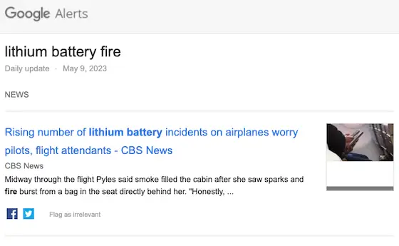 google alert screen shot lithium battery fires