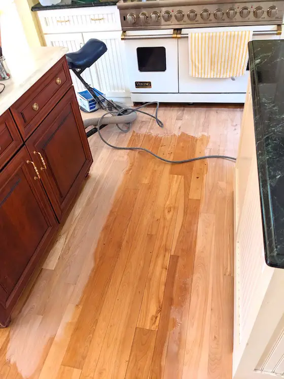 birch hardwood kitchen floor being sanded