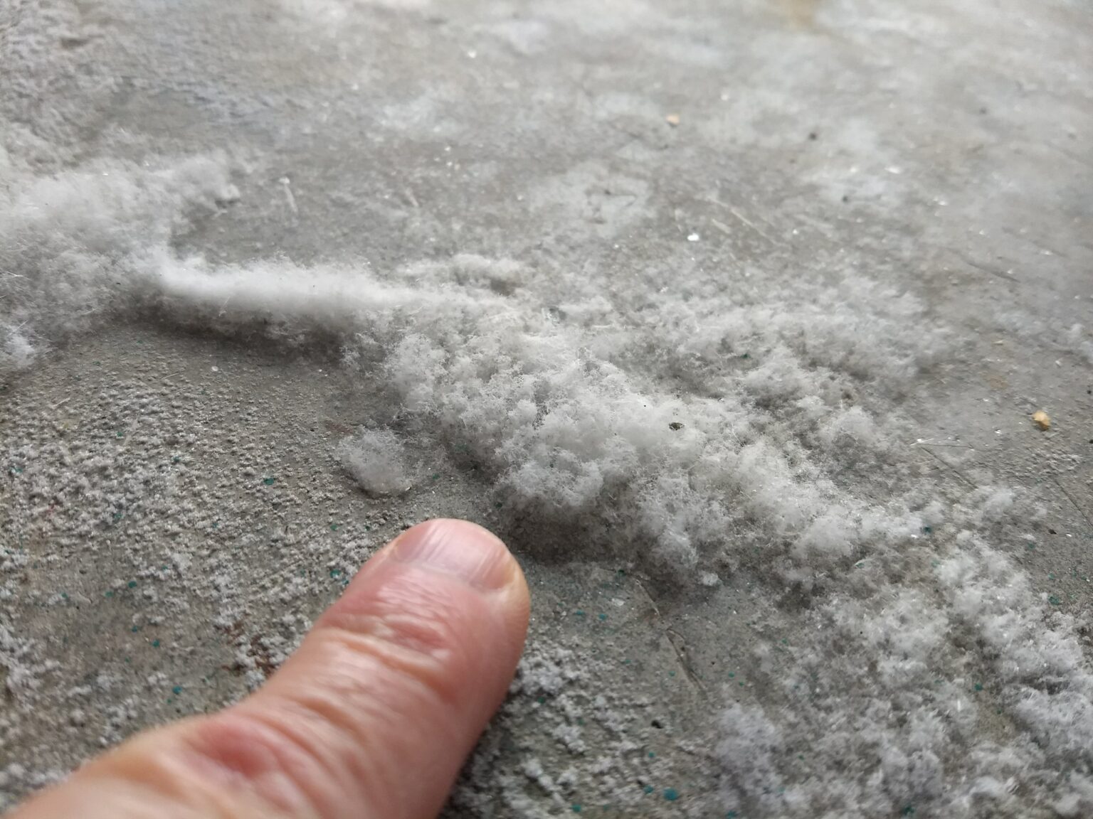 fluffy white crystals on a concrete slab
