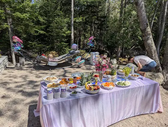 outdoor party table hammock granite chips